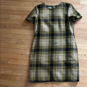 Green and Yellow Sheath Mini Dress with Crew Neck